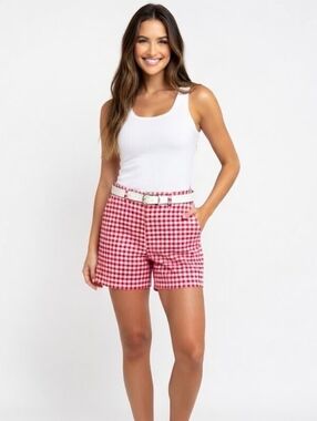 Lands' End White & Red Gingham High-Rise Shorts (SIZE:12)